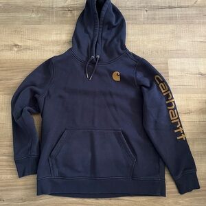 Carhartt Men's Dark Blue Hoodie with Brown Logo
